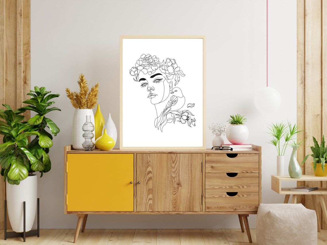 Serene Woman With Bird And Flowers Minimalist Line Art Poster - Image 4