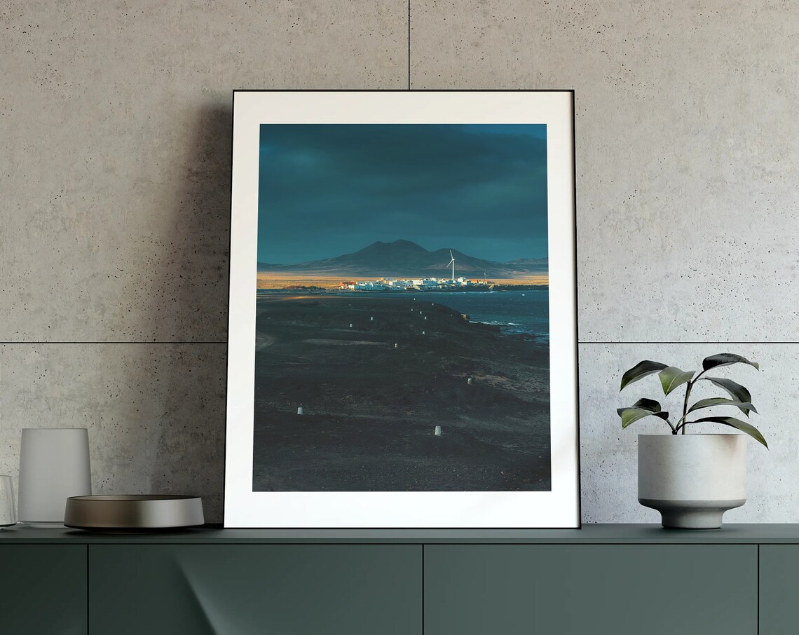 Moody Night Coastal Town With Wind Turbine And Mountain Photo Poster - Image 4