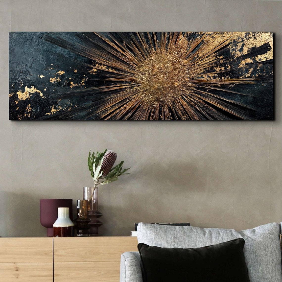 Black And Gold Starburst Explosion Abstract Panoramic Art Poster