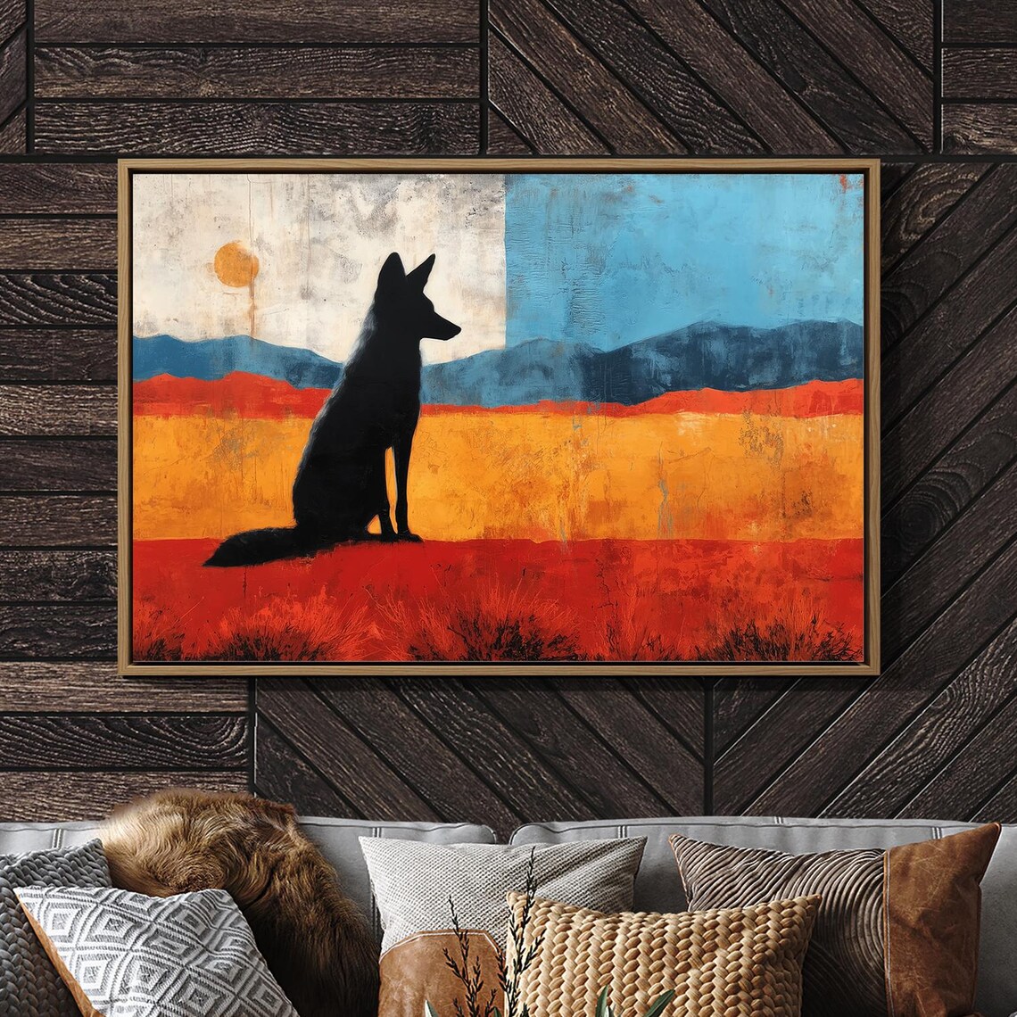 Coyote Silhouette Colorful Desert Sunset Mountain Art Poster
