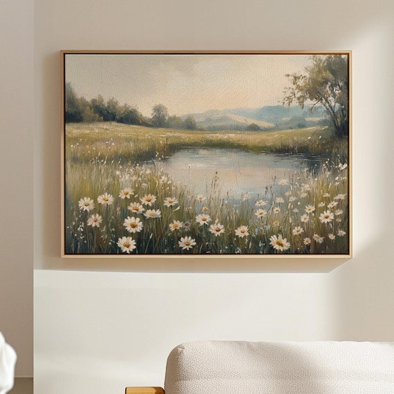 Serene Pond With Wild Daisies, Peaceful Landscape