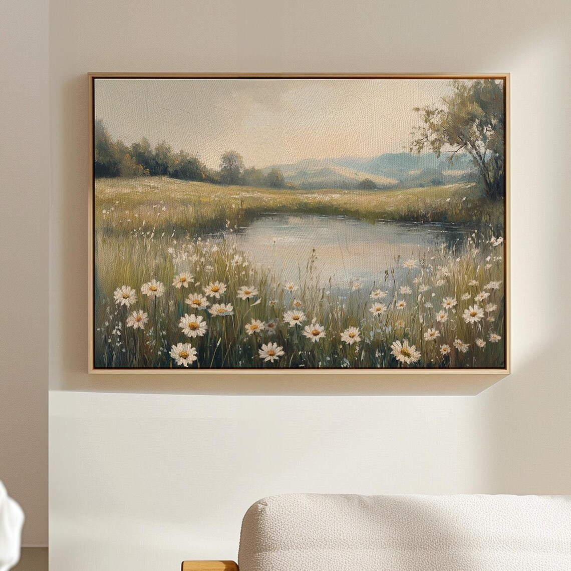 Serene Pond With Wild Daisies, Peaceful Landscape