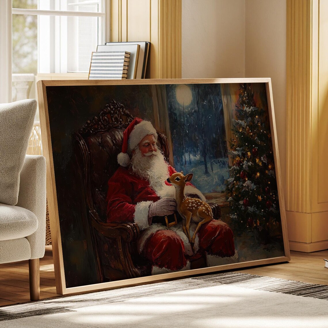 Santa Claus Holding A Baby Reindeer By A Moonlit Christmas Tree Poster