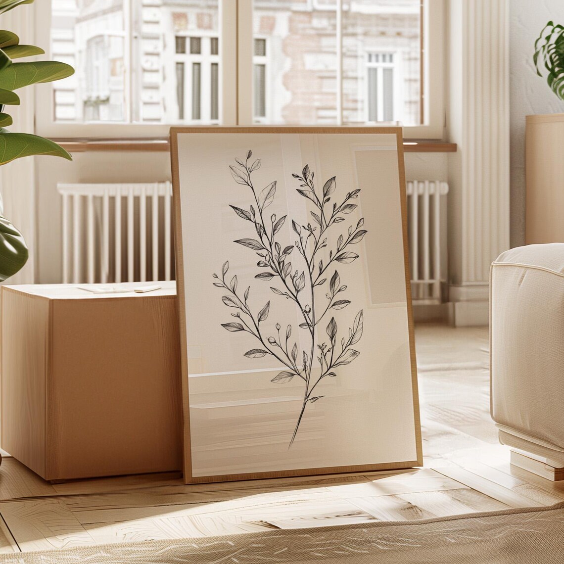 Minimalist Leafy Branch Line Art Black And White Wall Poster