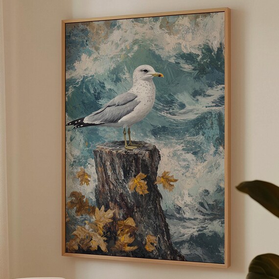 Seagull Perched on a Weathered Stump Among Ocean Waves and Leaves Poster