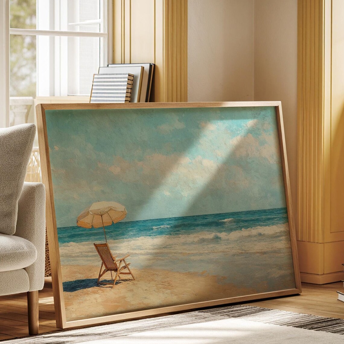 Sunlit Beach Umbrella and Wooden Chair Ocean Waves Painting Poster