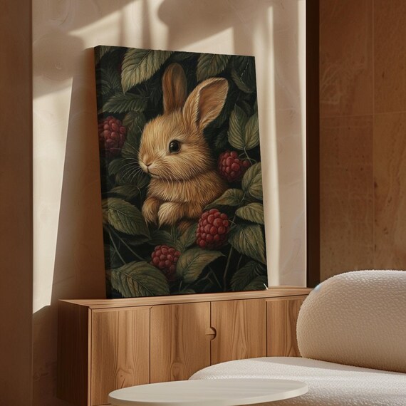 Bunny Rabbit Among Ripe Raspberries Dark Moody Woodland Animal Poster