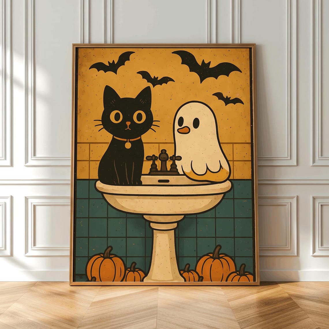 Black Cat and Ghost on Sink Retro Halloween Pumpkins Bats Poster