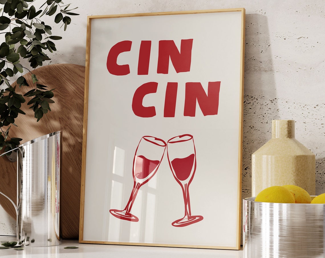 Cin Cin Red Champagne Toast Cream Background Italian Wall Poster