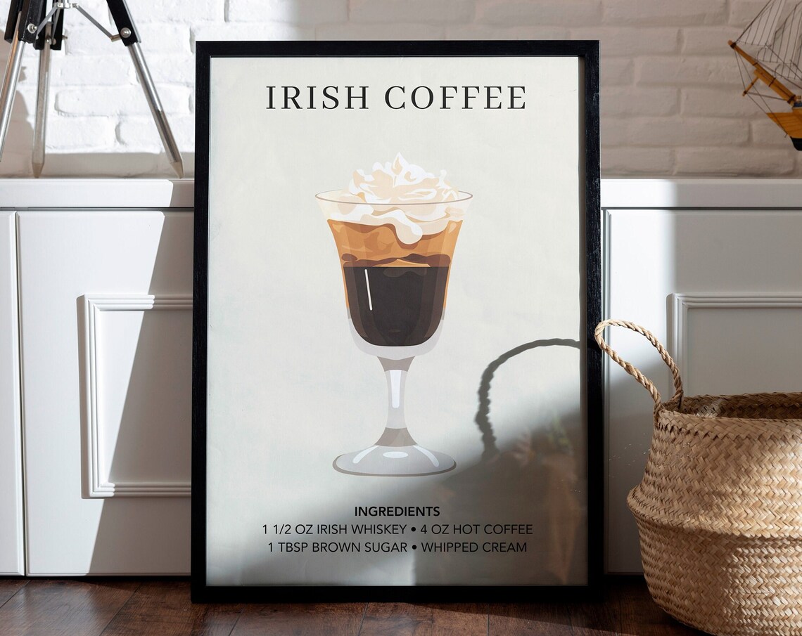 Irish Coffee Art Print, Retro Mixology Kitchen Decor