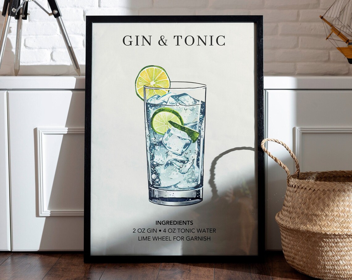 Gin Tonic Watercolor Retro Cocktail Art Print