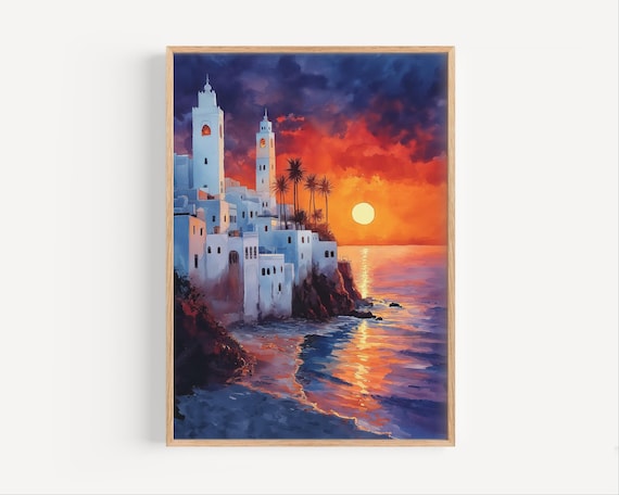 Rabat Morocco Sunset Watercolor White City by the Sea Painting Poster
