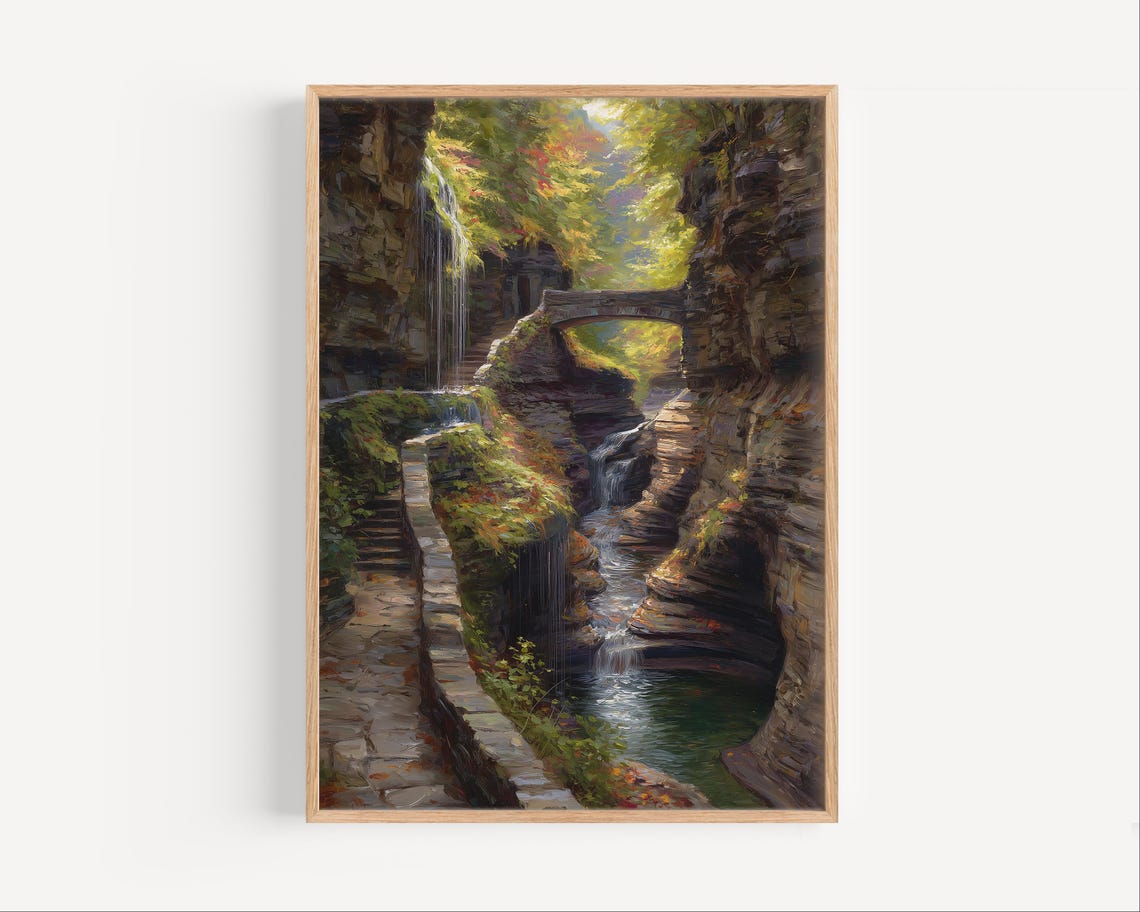 Watkins Glen State Park Gorge Waterfall Stone Bridge Oil Poster