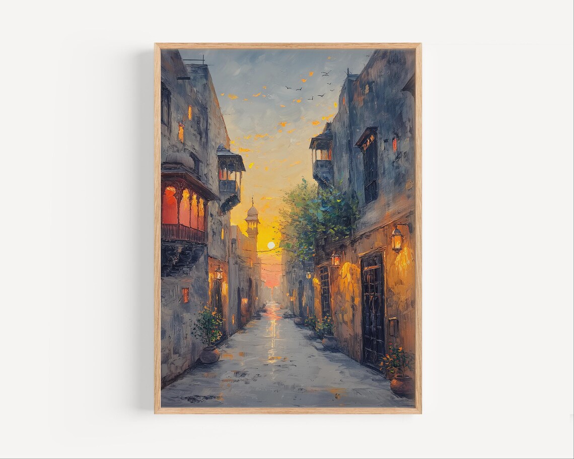 Lahore Old City Travel Poster, Sunset Oil-Painting Style