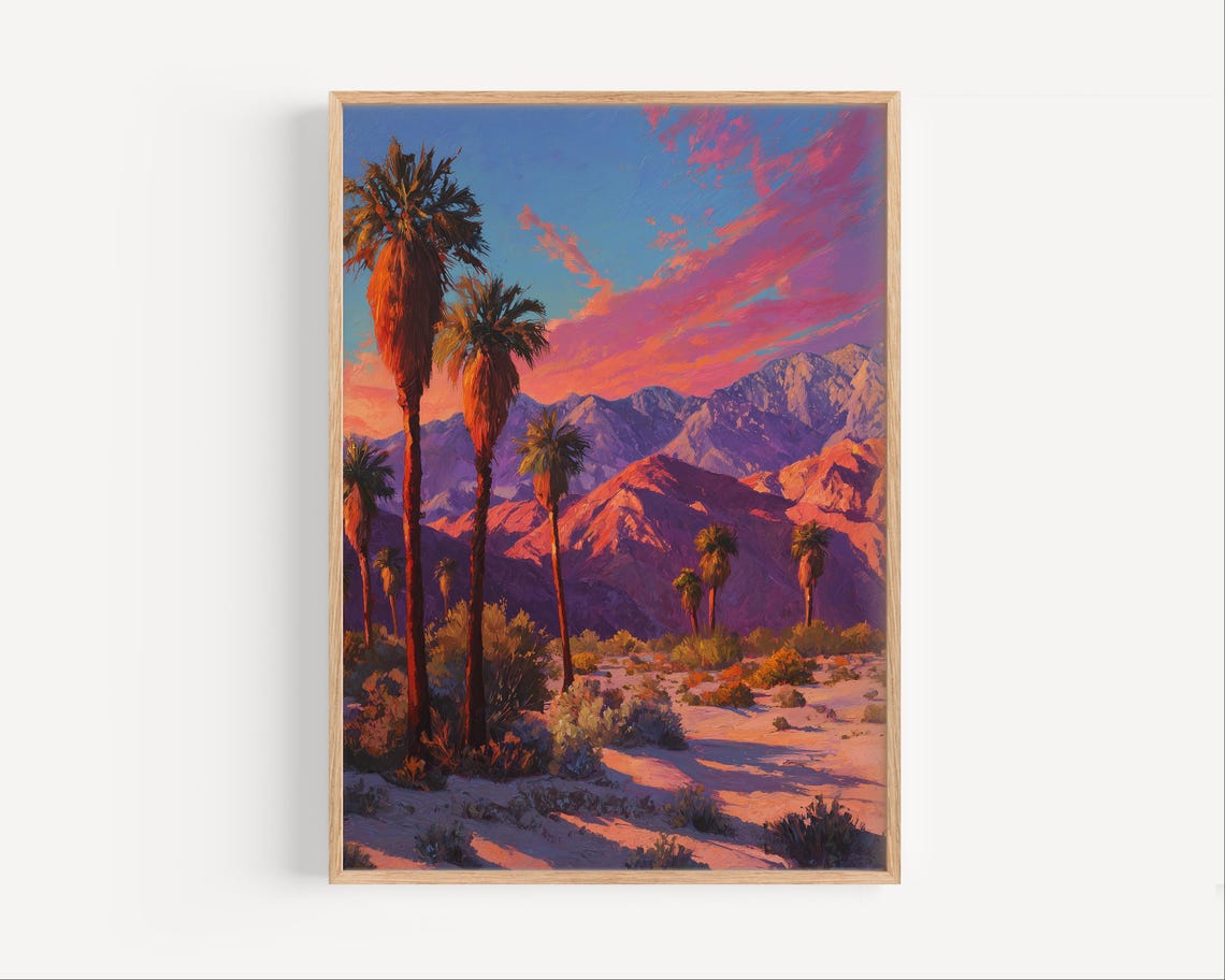 Desert Sunset Palm Trees Oil Painting Mountain Landscape Wall Art