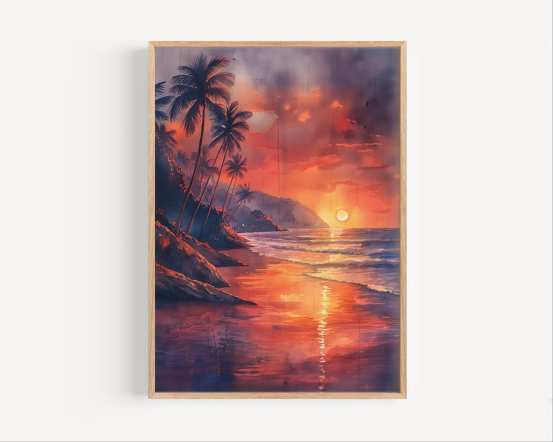 Goa India Beach Sunset Watercolor Palm Silhouettes Ocean Poster