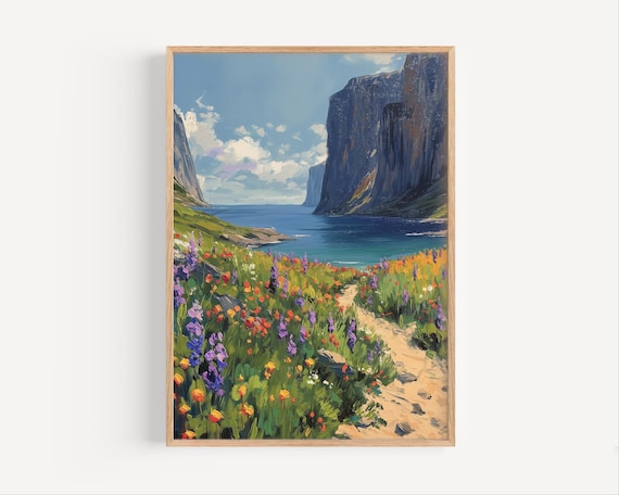 Sea Cliffs Wildflower Meadow Coastal Trail Oil Painting Poster