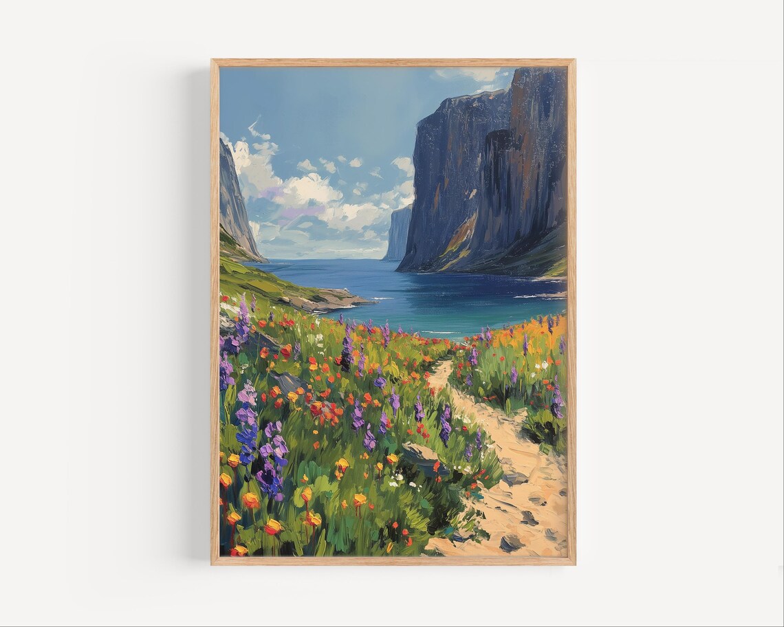 Sea Cliffs Wildflower Meadow Coastal Trail Oil Painting Poster