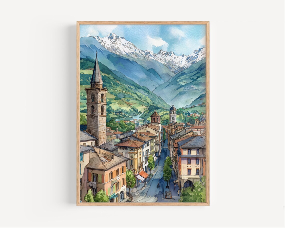Sondrio Italy Old Town Watercolor Alpine Bell Tower Scenic Poster