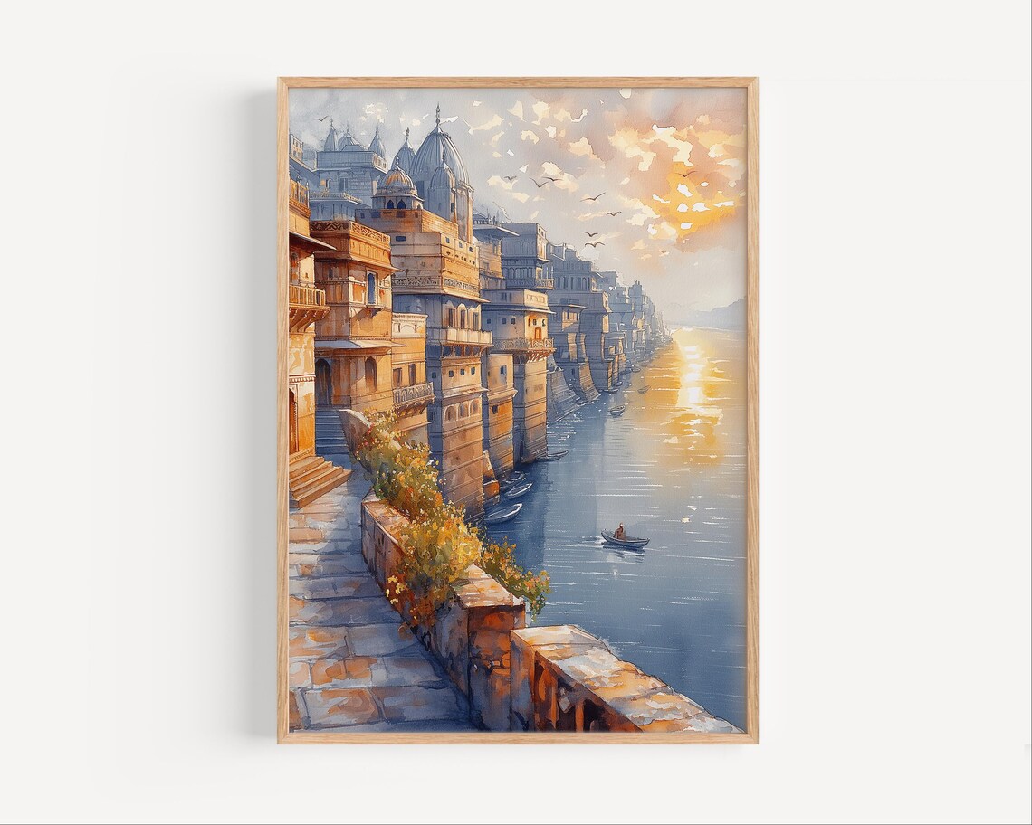 Indian Riverfront Palaces at Sunset Golden Watercolor Poster