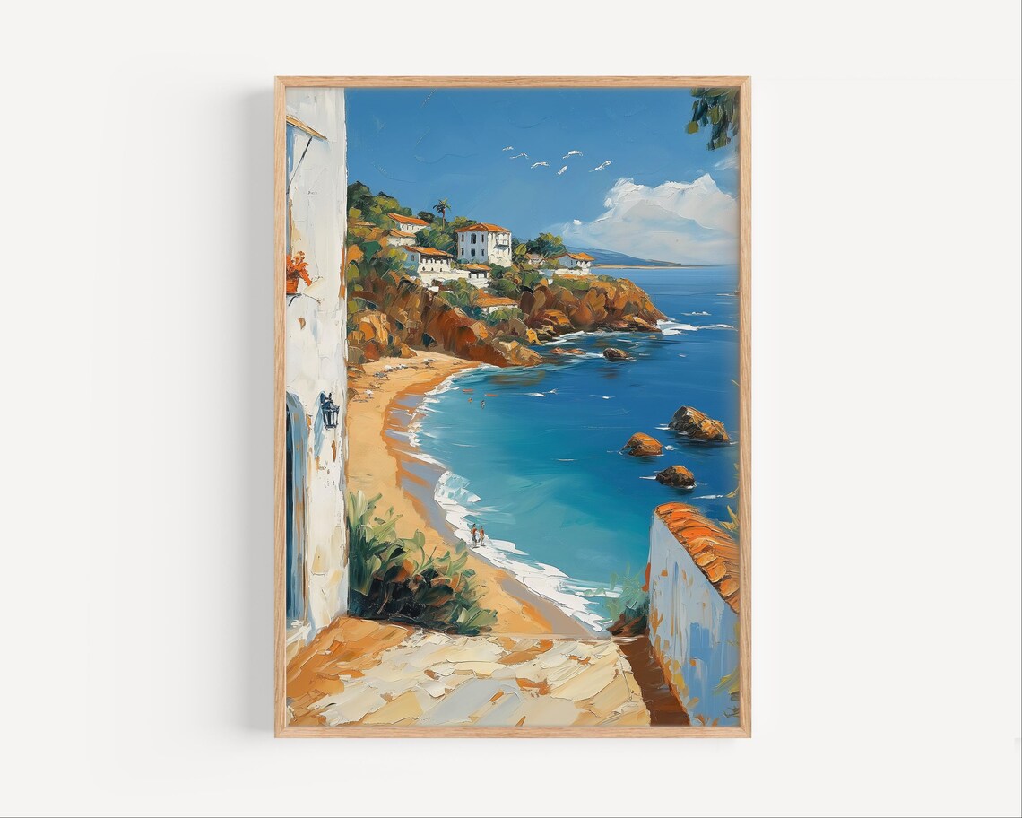 Mediterranean Cove Terrace Village Blue Sea View Painting Poster