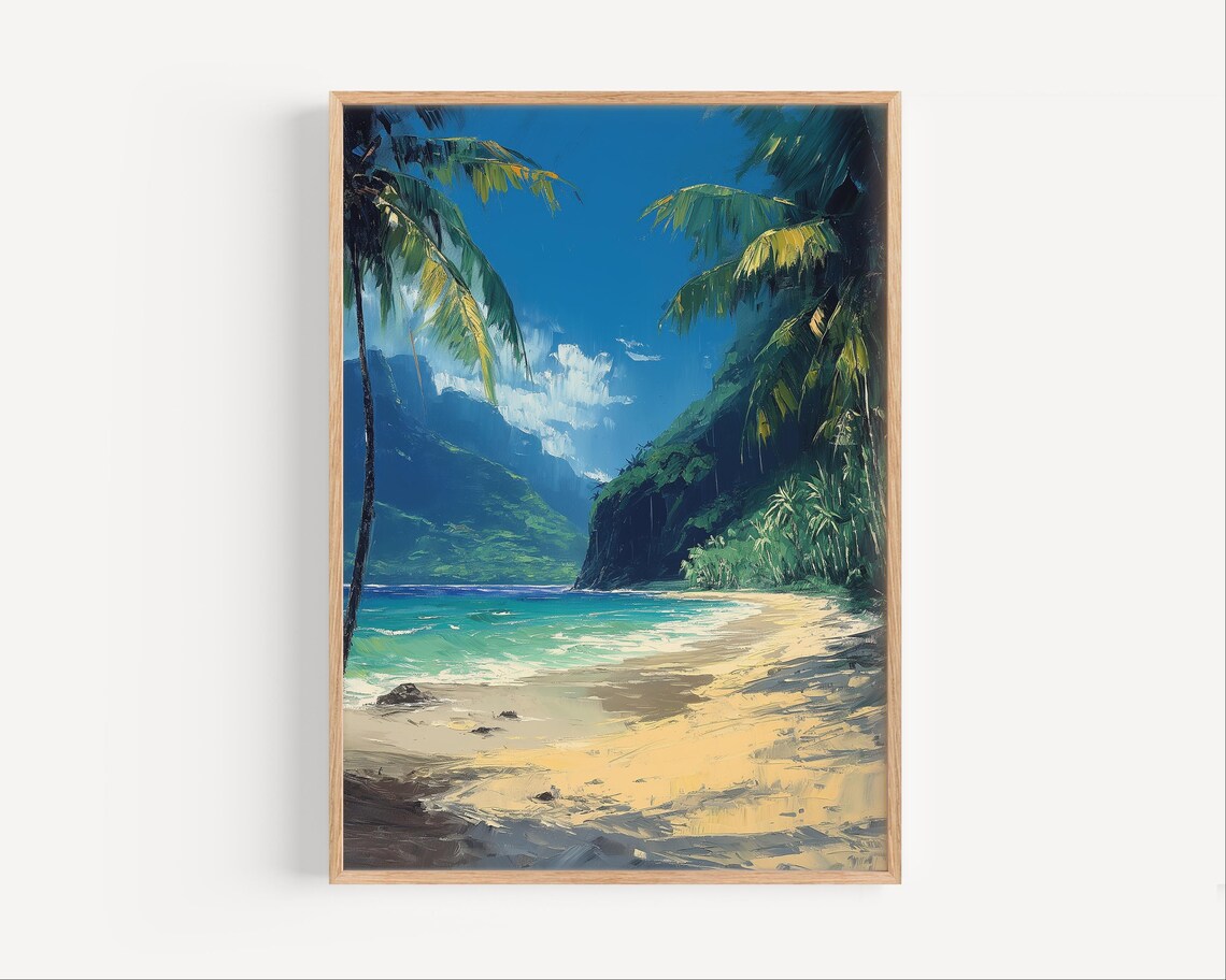 Corcovado Costa Rica Tropical Beach Cove Palm Cliffs Oil Painting Poster