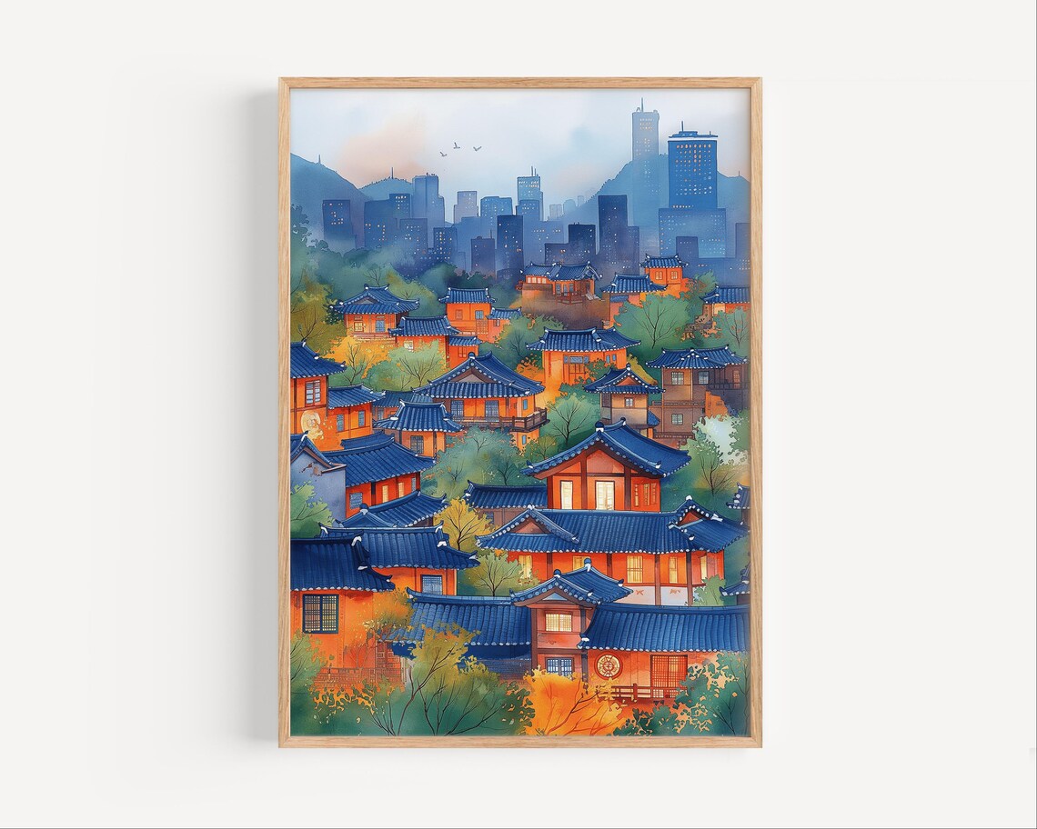 Seoul South Korea Hanok Village Rooftops City Skyline Watercolor Poster