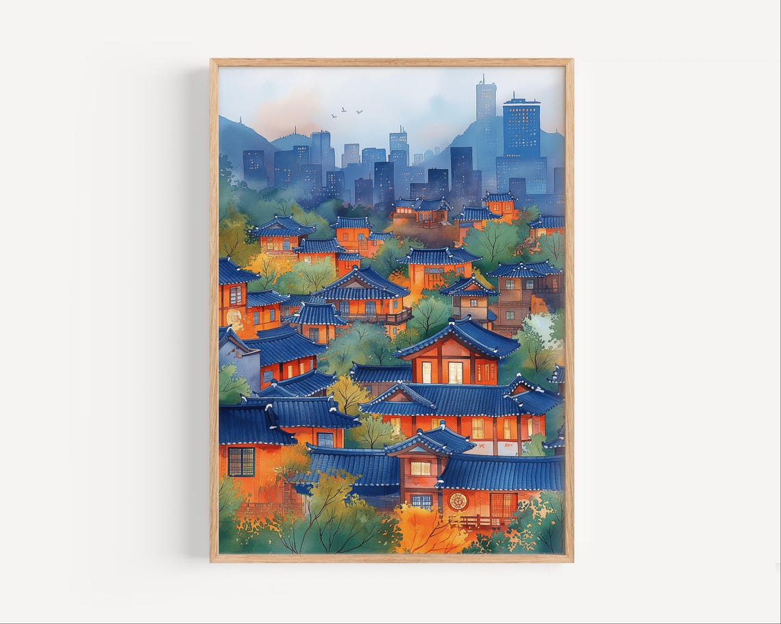 Seoul South Korea Watercolor Painting Korean Capital City And Mountains Poster Or Canvas Gicle Print Travel Asian Wall Art Gift