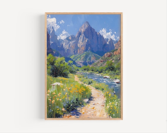 Zion Canyon Red Rock Peak Oil Painting Mountain River Poster