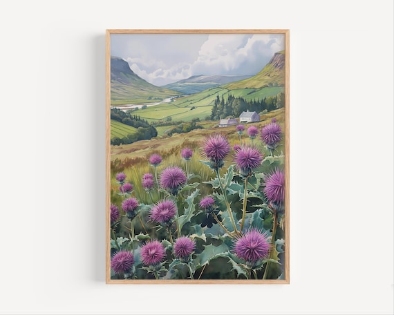 Purple Thistles Scottish Highlands Valley Watercolor Painting Poster