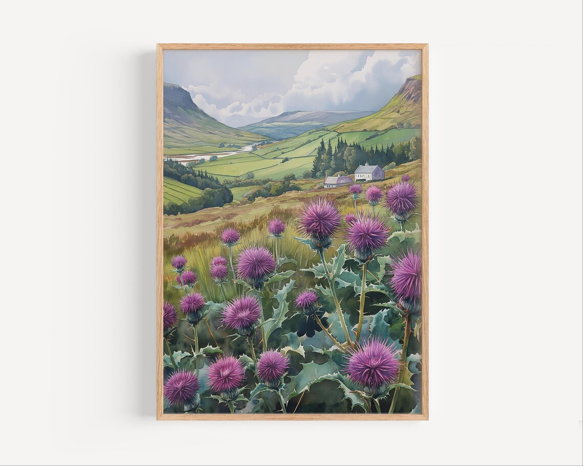 Purple Thistles Scottish Highlands Valley Watercolor Painting Poster