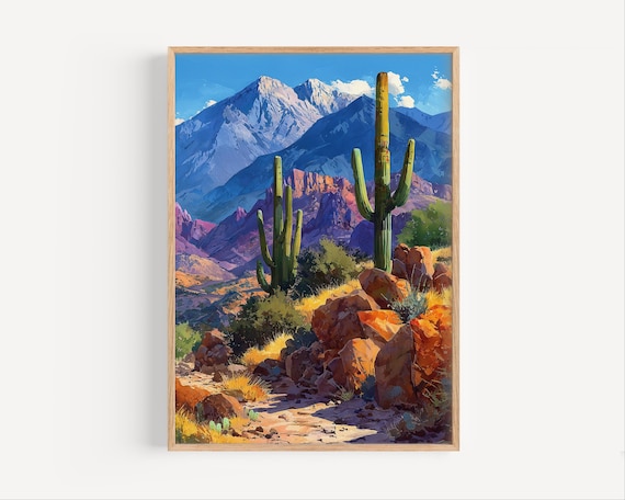 New Mexico Desert Scene with Tall Saguaro Cacti Watercolor Poster