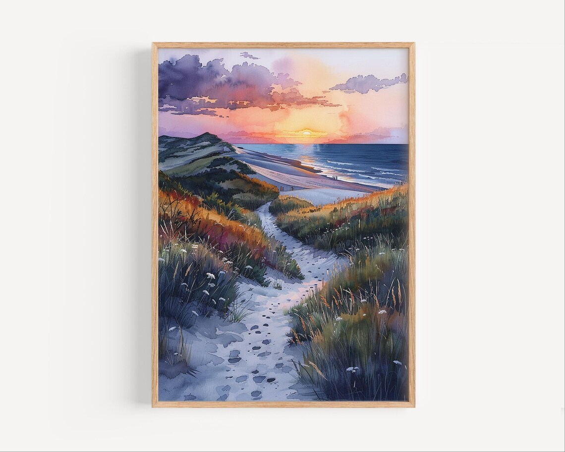 Indiana Dunes Sunset Lake Michigan Beach Path Watercolor Poster