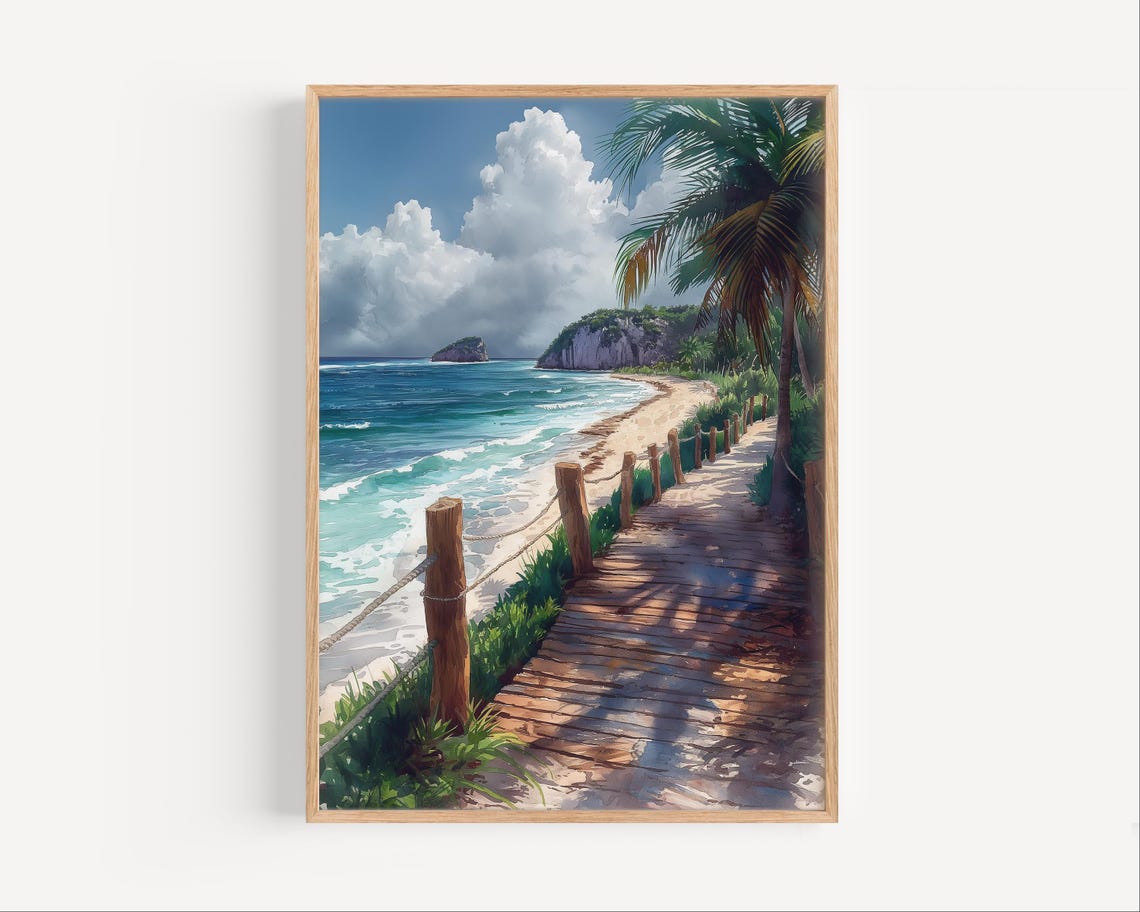 Tropical Boardwalk Along Turquoise Beach Palm Trees Painting Poster