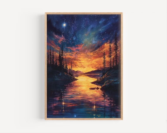 Night Sky Over Lake In Minnesota Oil Painting Winter Aurora Borealis Sunset Poster Or Canvas Print Usa Paint Style Gift