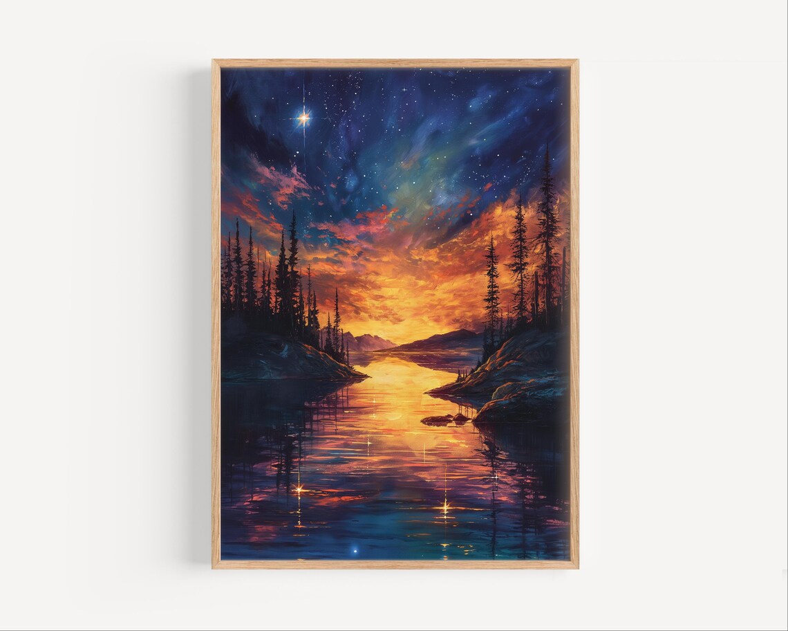 Starry Night Sky Over Pine Lake Vivid Sunset Clouds Water Reflection Poster