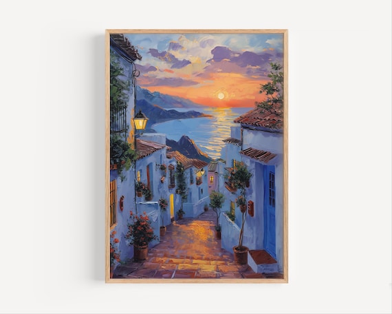 Estepona Spain Sunset White Village Street Ocean View Art Poster