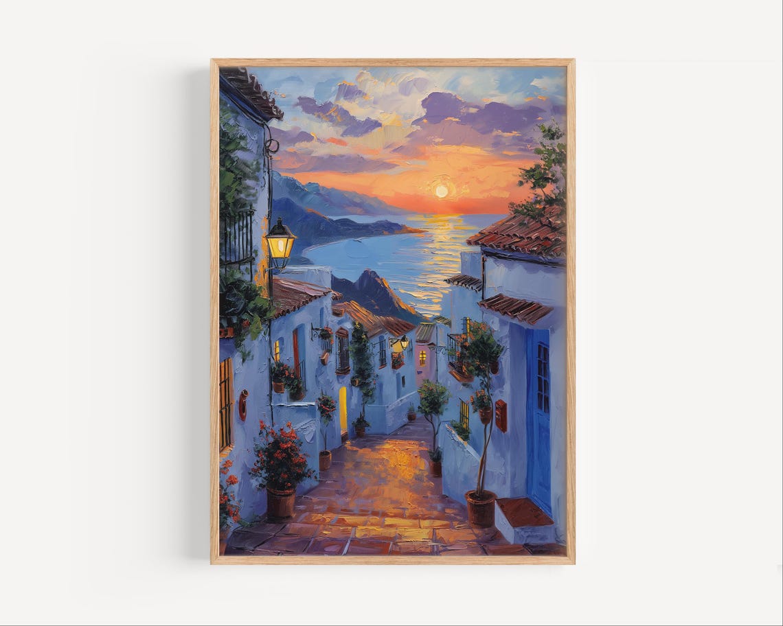 Estepona Spain Sunset White Village Street Ocean View Art Poster