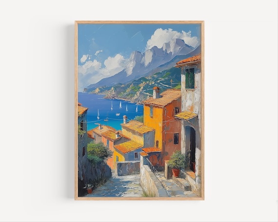 Mediterranean Seaside Village Colorful Houses Sailboats Oil Print