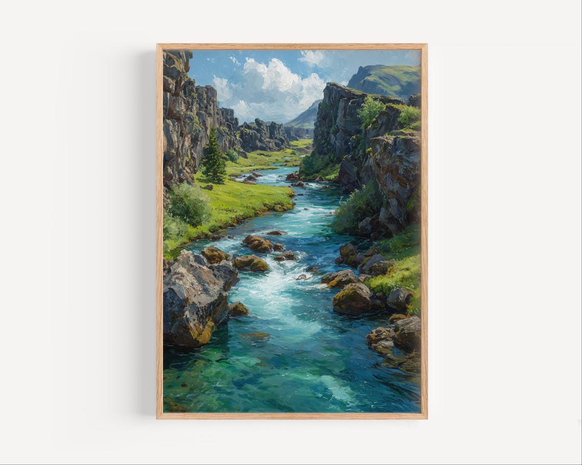 Mountain River Gorge with Turquoise Water Rocky Cliffs Painting Poster