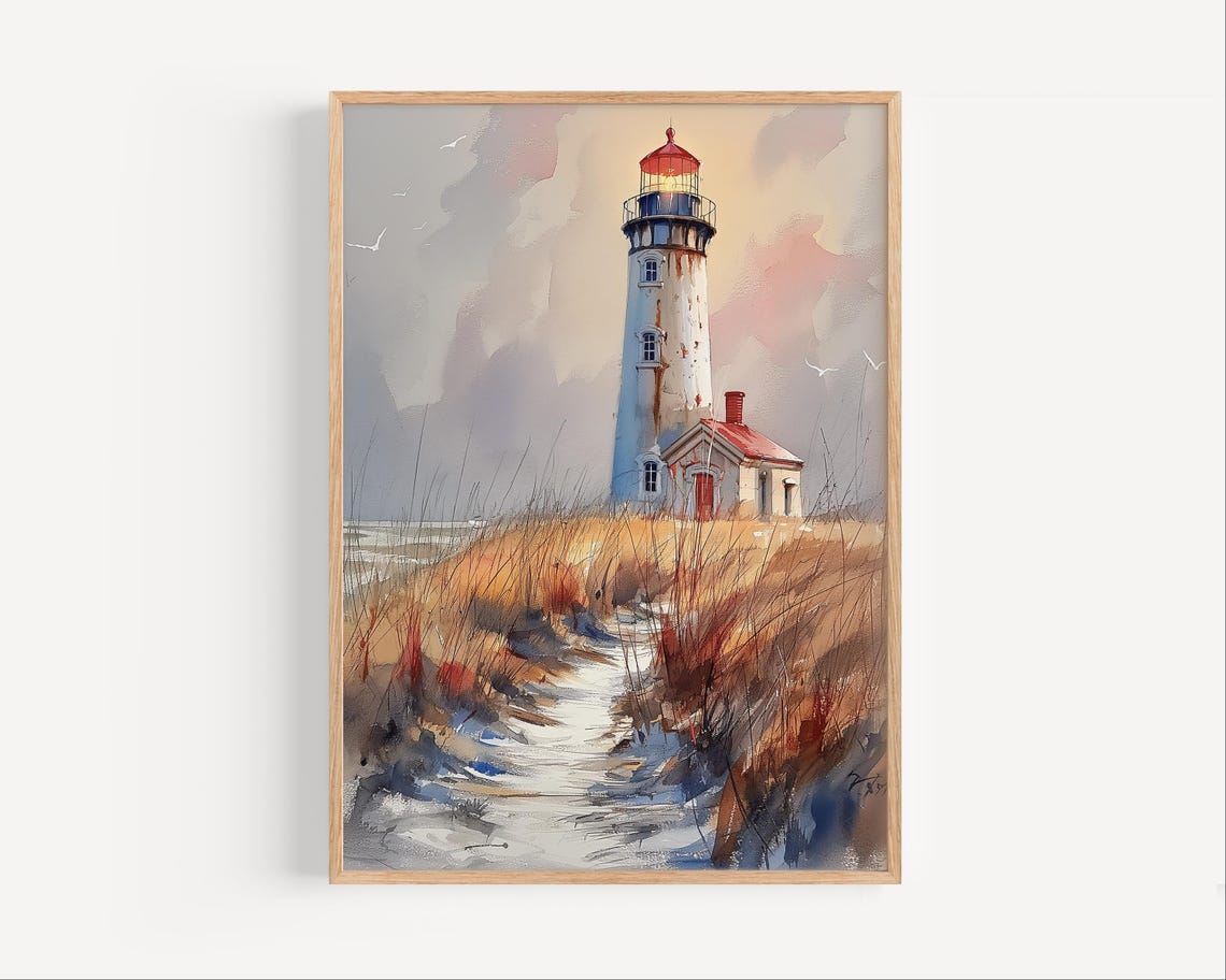 Watercolor Lighthouse Red Top Coastal Dune Path Maritime Poster