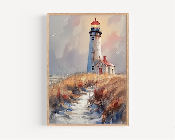 Watercolor Lighthouse Red Top Coastal Dune Path Maritime Poster