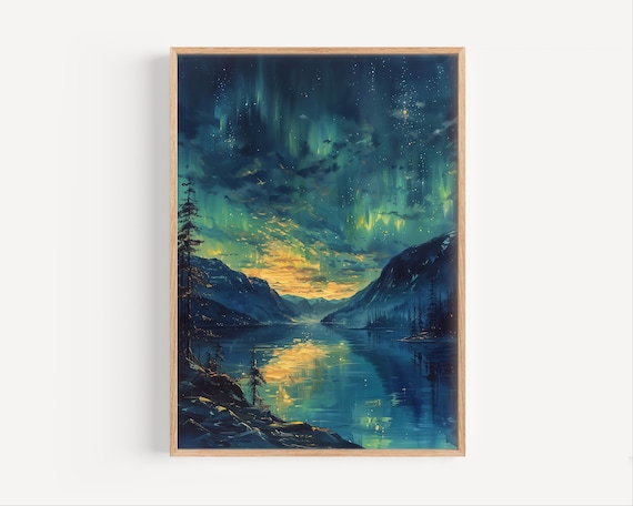 Northern Lights Aurora Fjord Night Sky Stars Mountains Oil Painting Poster