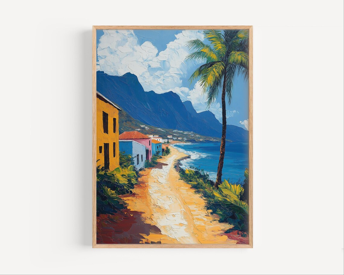 Tropical Beach Village Palm Trees Colorful Seaside Art Poster