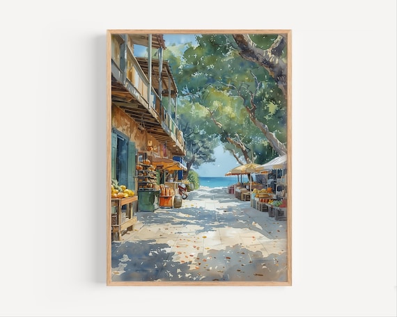 Key West Florida Seaside Market Street Watercolor Coastal Poster