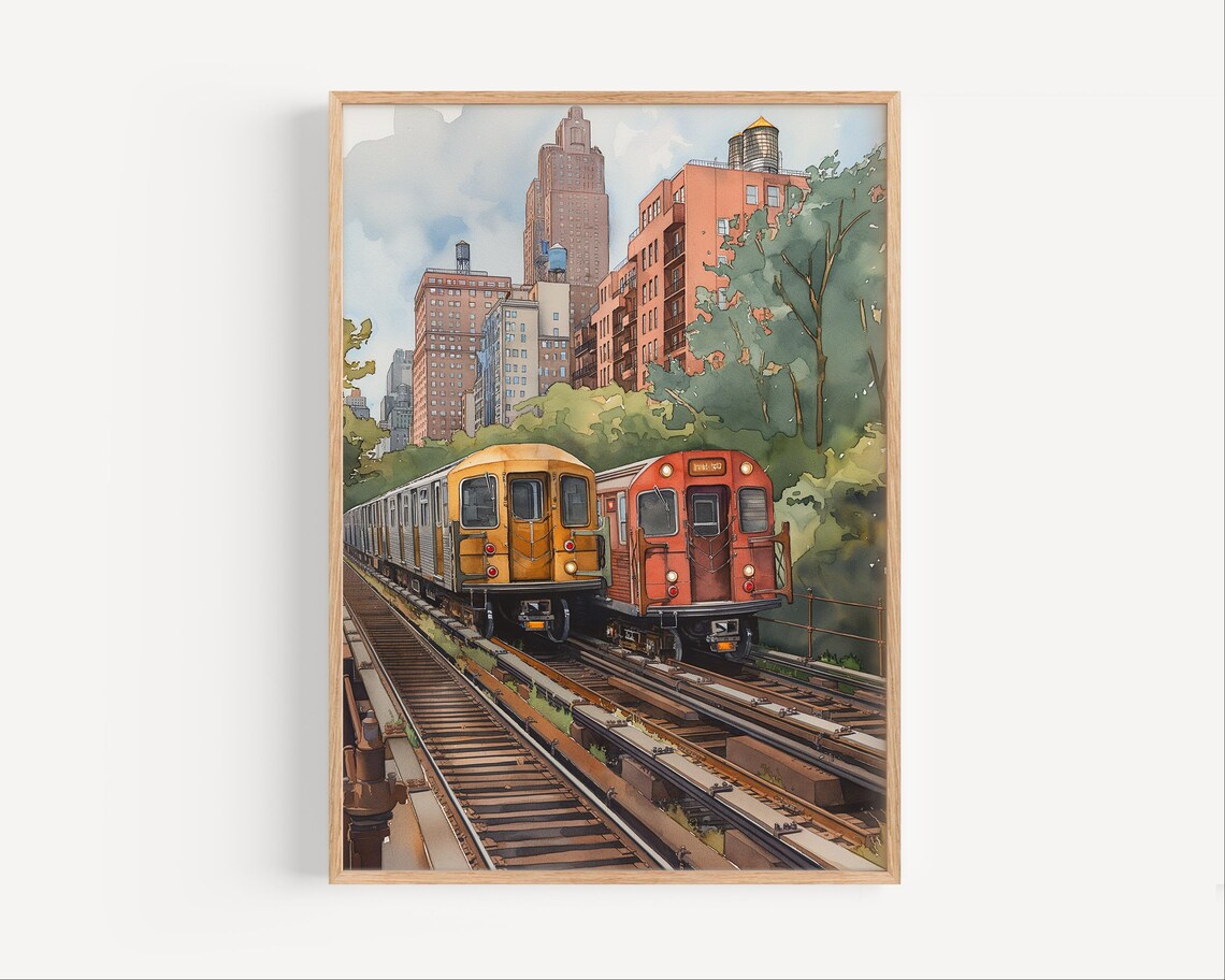 New York City Subway Trains Elevated Tracks Watercolor Painting Poster