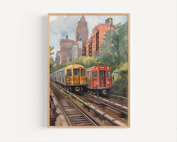 New York City Subway Trains Elevated Tracks Watercolor Painting Poster