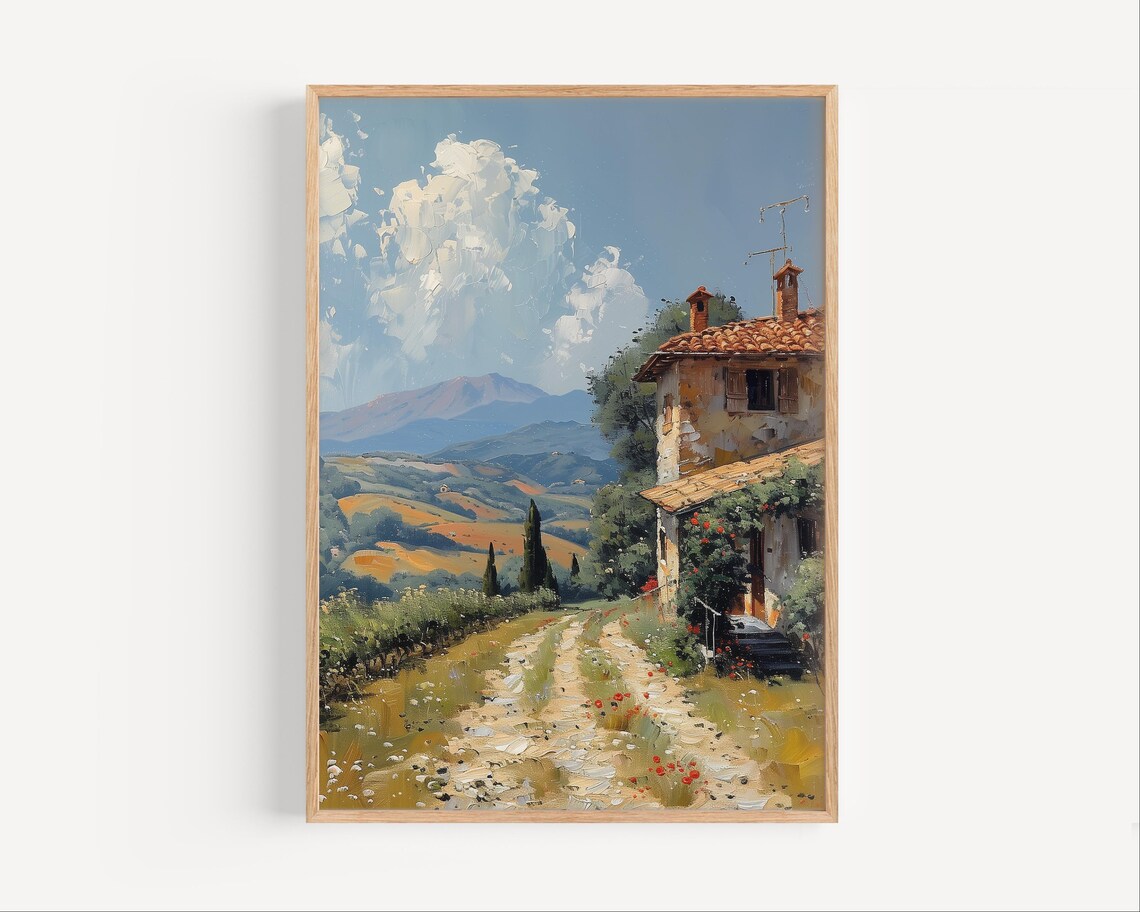Tuscany Italy Farmhouse Dirt Road Rolling Hills Oil Painting Wall Art