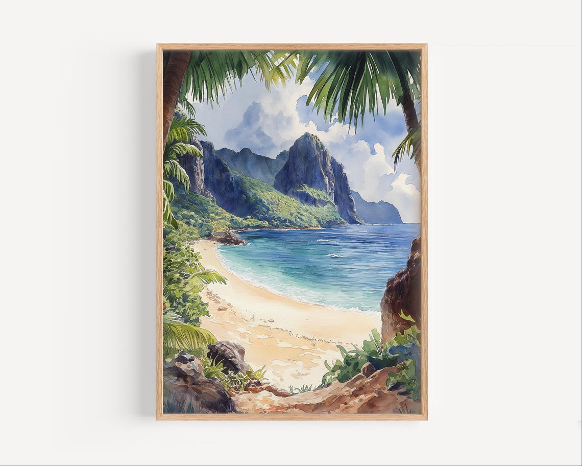 Tropical Beach Cove Palm Trees Turquoise Water Watercolor Art Poster