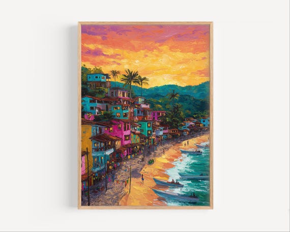 Sayulita Oil Painting Mexico Travel Poster Or Canvas Print Wall Art Gift Paint Style Mexican Beach Sunset